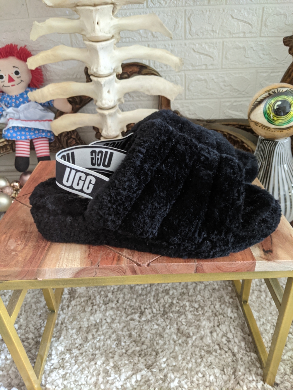 UGG Black Fluff Yeah Slide with Logo Strap